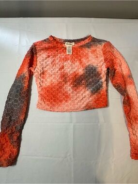 shosho Orange and Gray Textured Tie-Dye Long Sleeve Crop Top